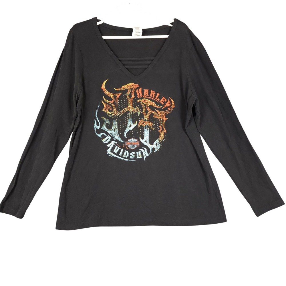 Harley Davidson‎ Women's XXL Black Long Sleeve V Neck Graphic T Shirt Six Bends